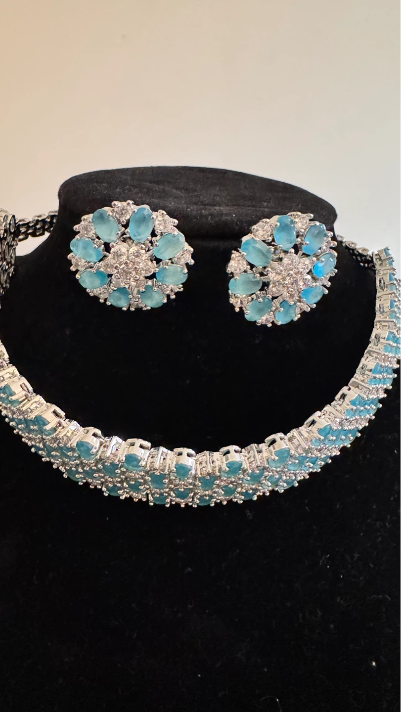 Blue CZ Choker Necklace and Earring Set - photo 2