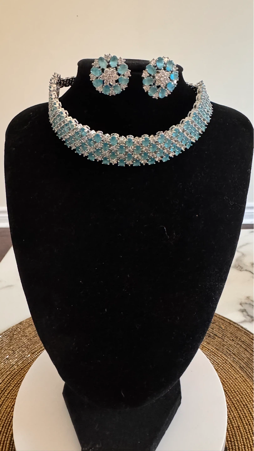 Blue CZ Choker Necklace and Earring Set