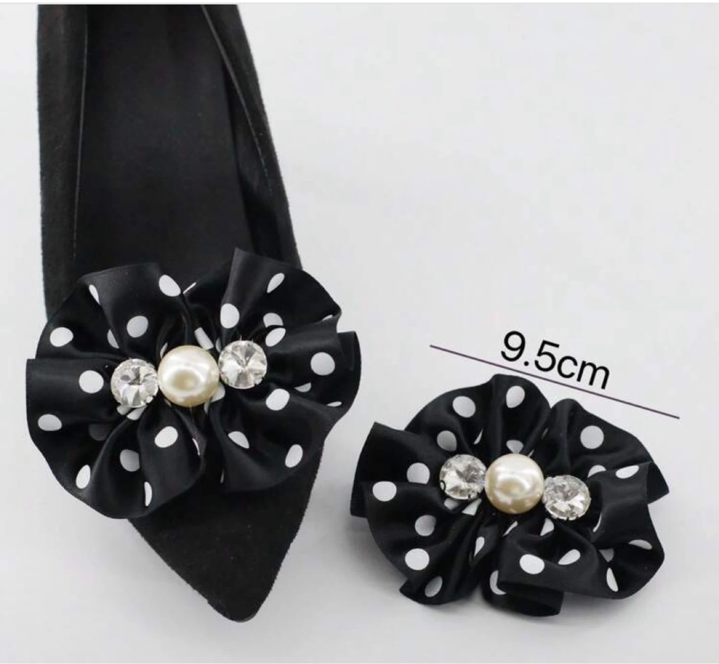 Black Polka Dot Shoe Clips with Pearl and Rhinestone