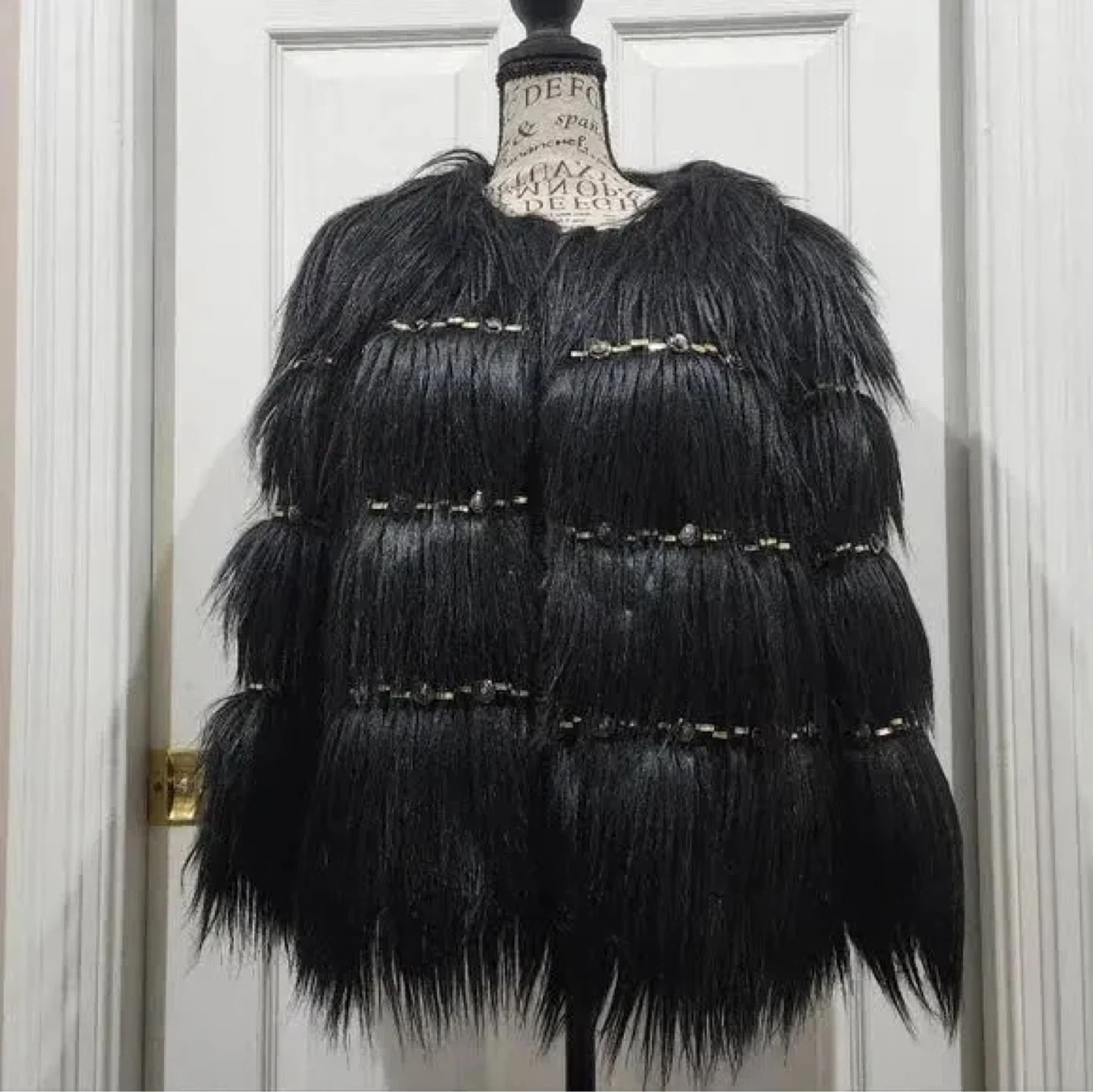 Tadashi Shoji Black Faux Fur Shaggy Coat with Embellishments