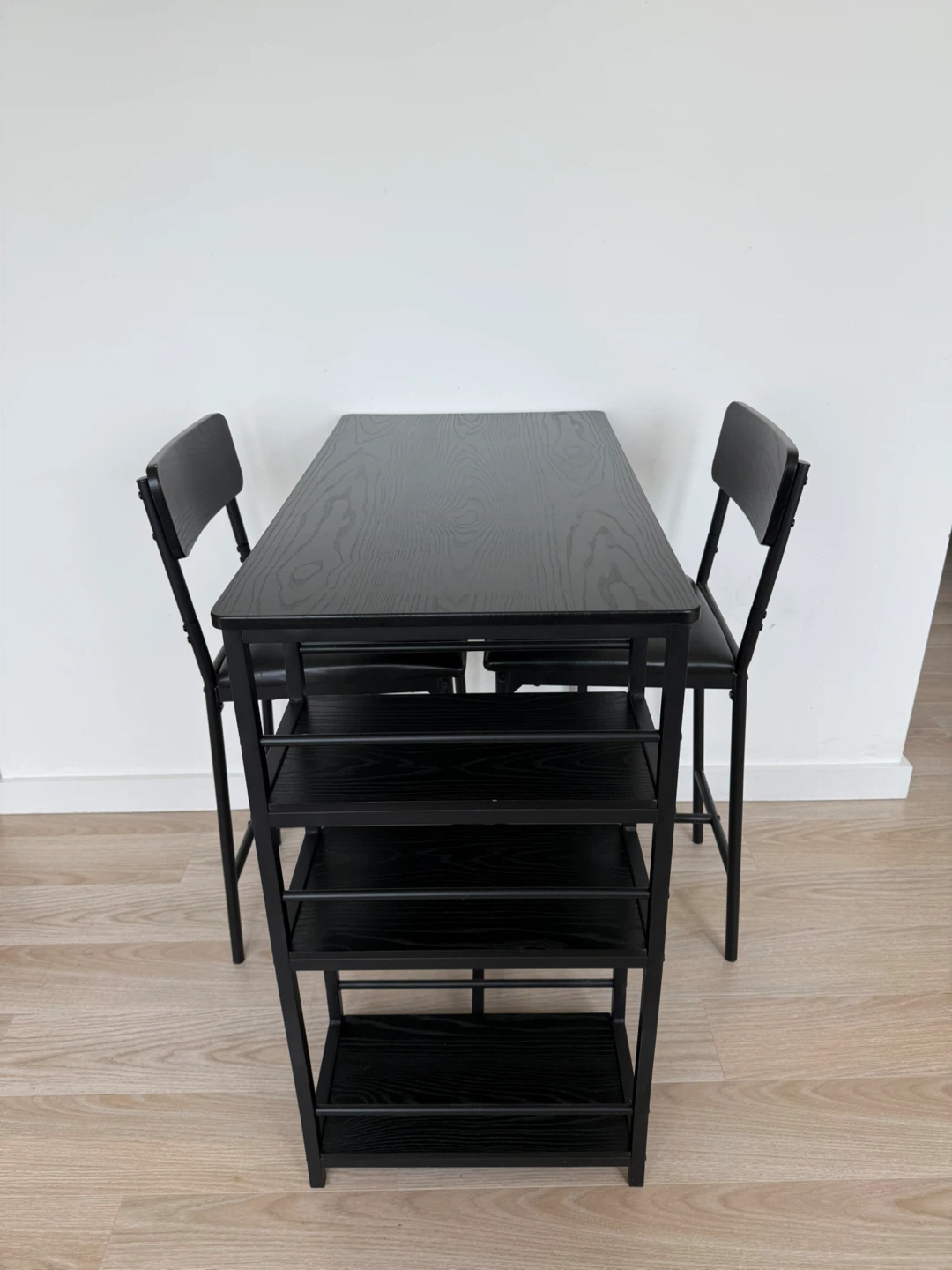 Black Bar Table Set with 2 Stools and Shelf Storage
