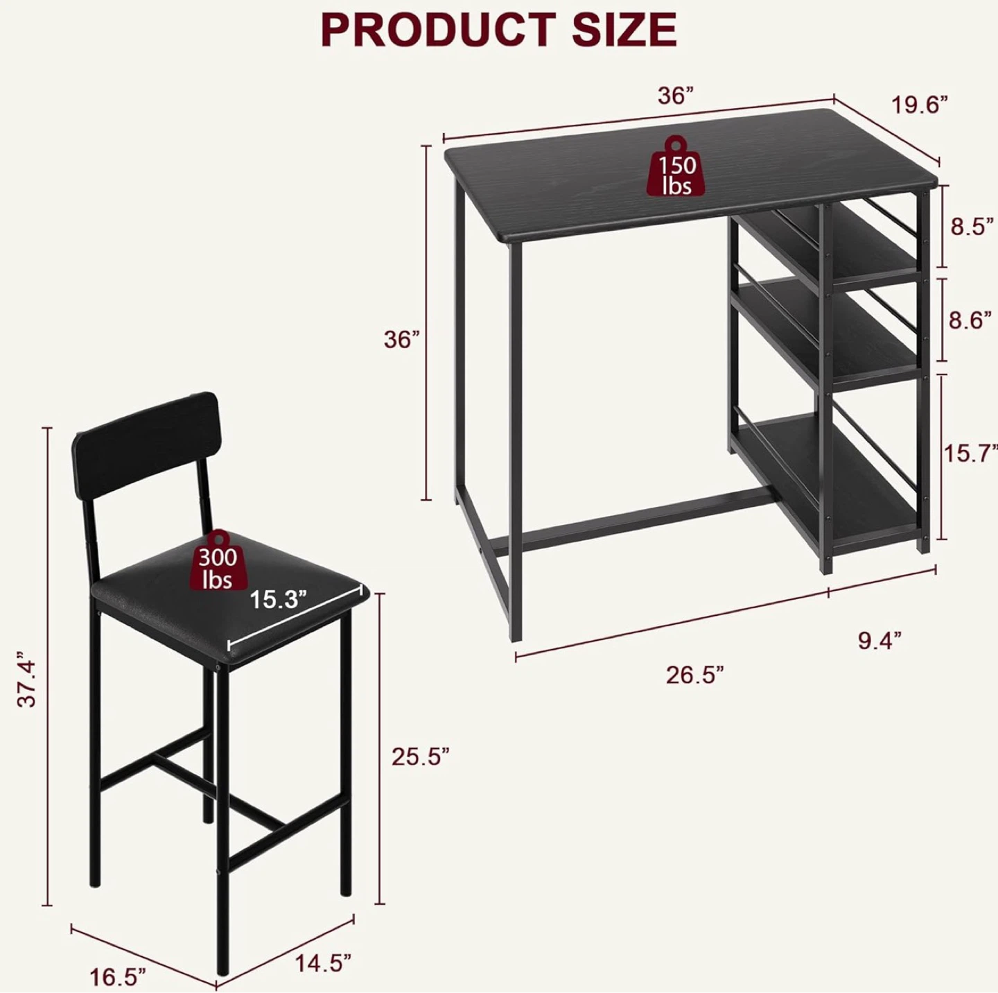 Black Bar Table Set with 2 Stools and Shelf Storage - photo 3