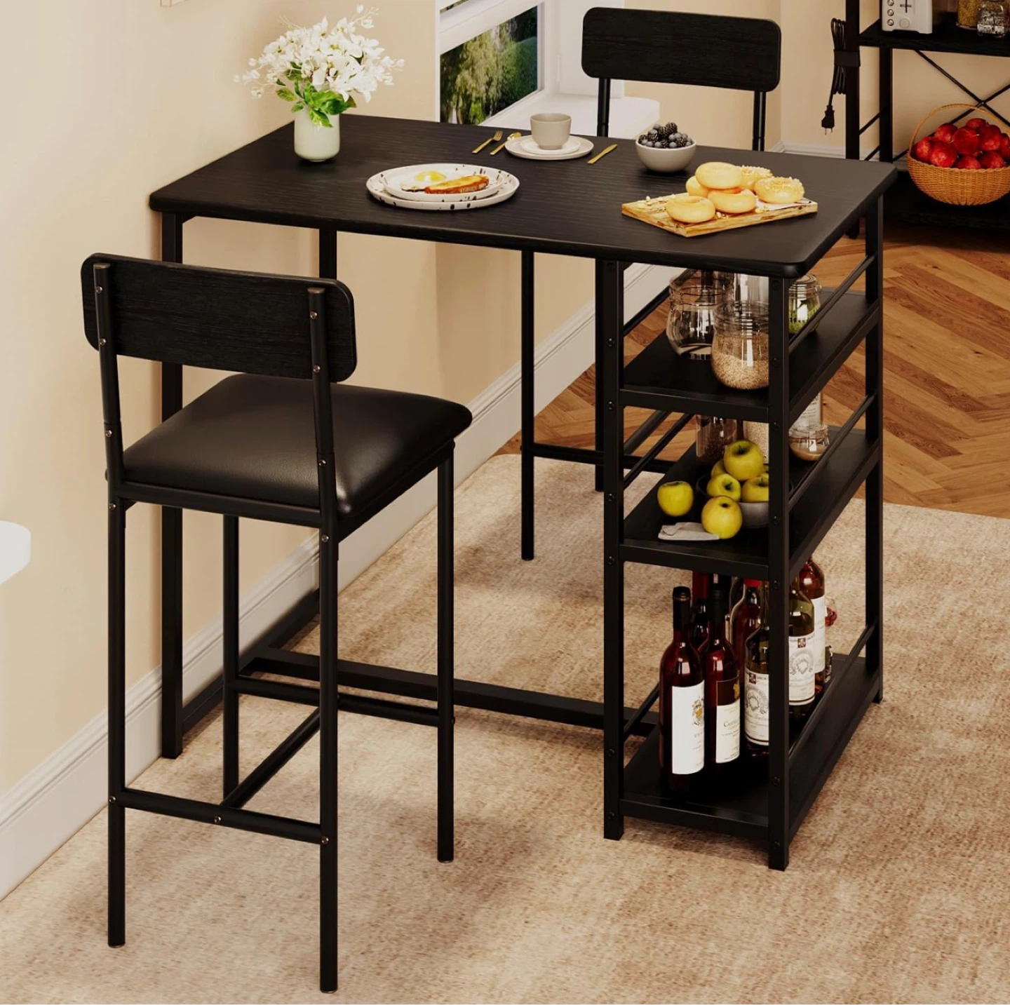 Black Bar Table Set with 2 Stools and Shelf Storage - photo 4