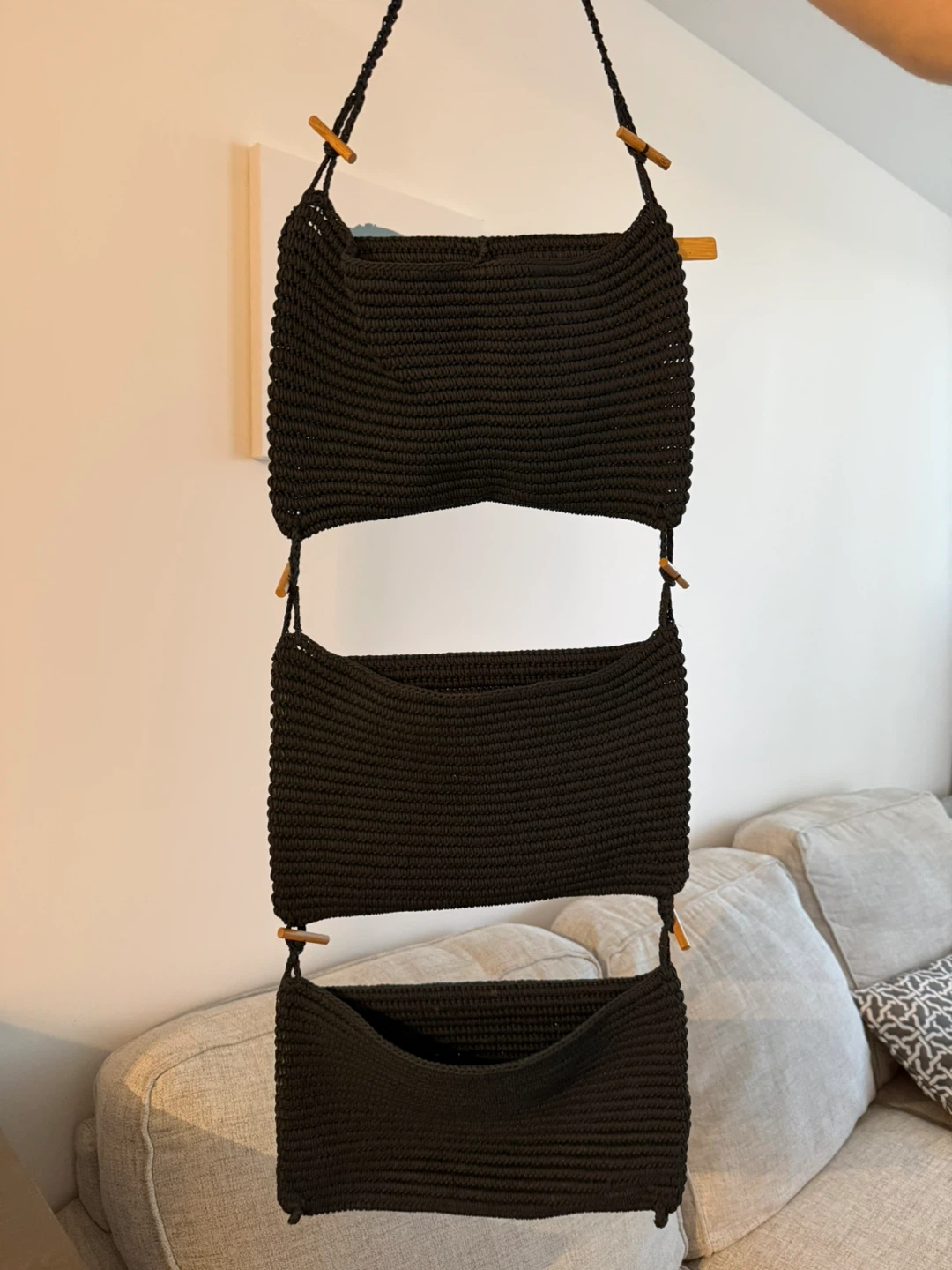 Hanging 3-Tier Black Macrame Wall Organizer
