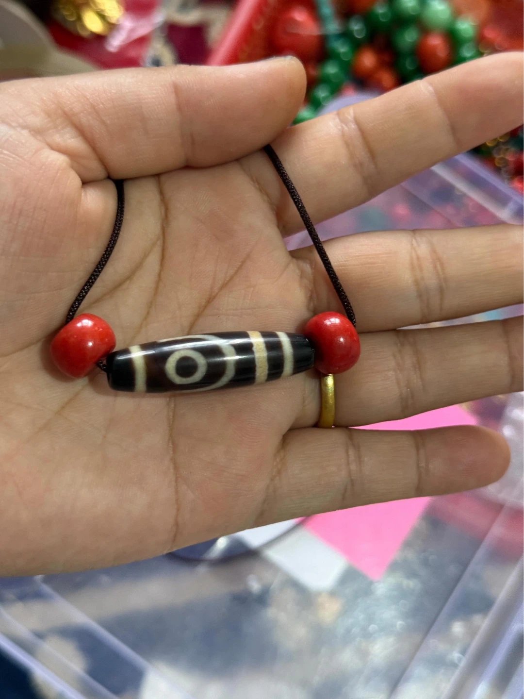 Taiwan Dzi Bead Necklace with Red Beads