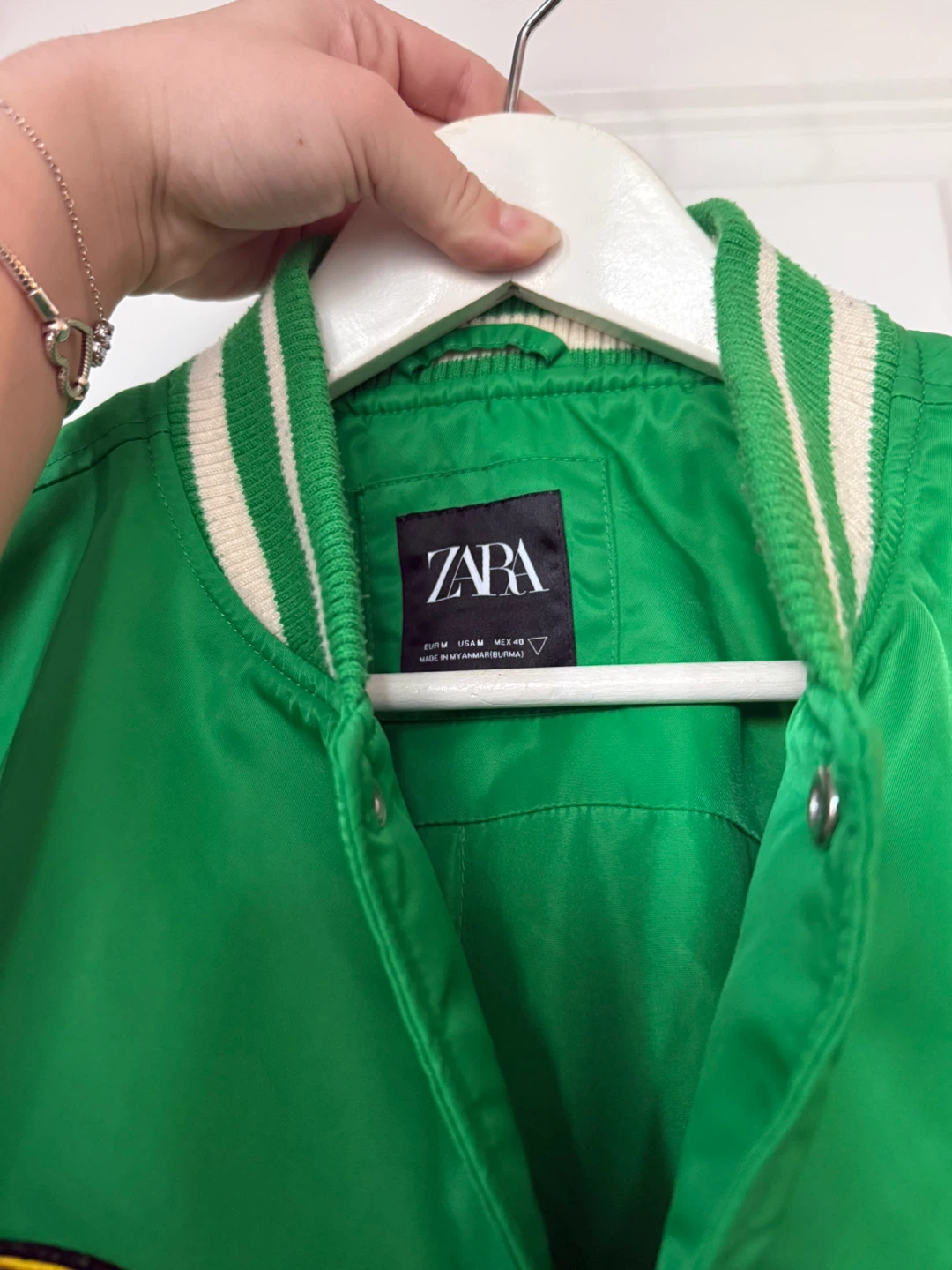 ZARA Green Varsity Bomber Jacket with Cream Sleeves - photo 3