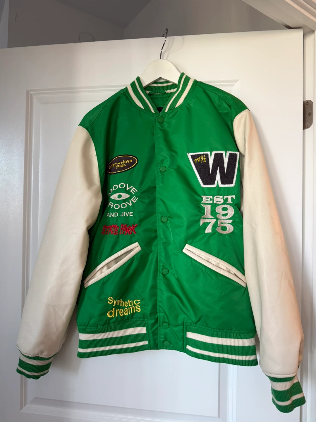 ZARA Green Varsity Bomber Jacket with Cream Sleeves