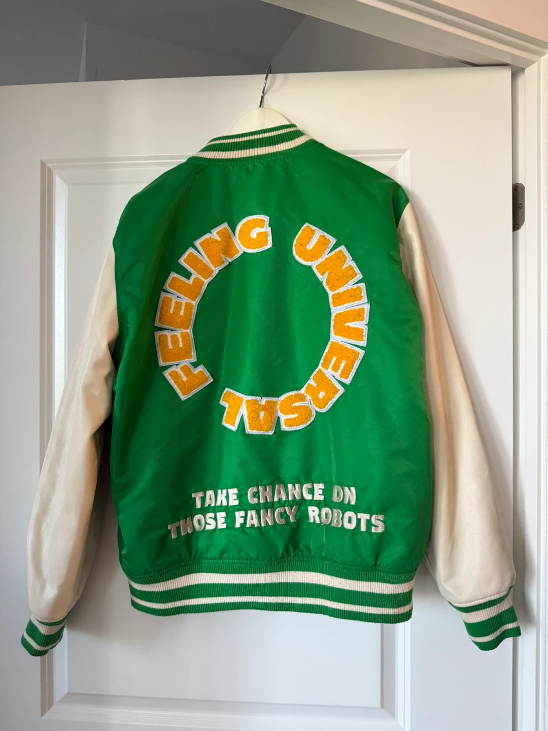 ZARA Green Varsity Bomber Jacket with Cream Sleeves - photo 2