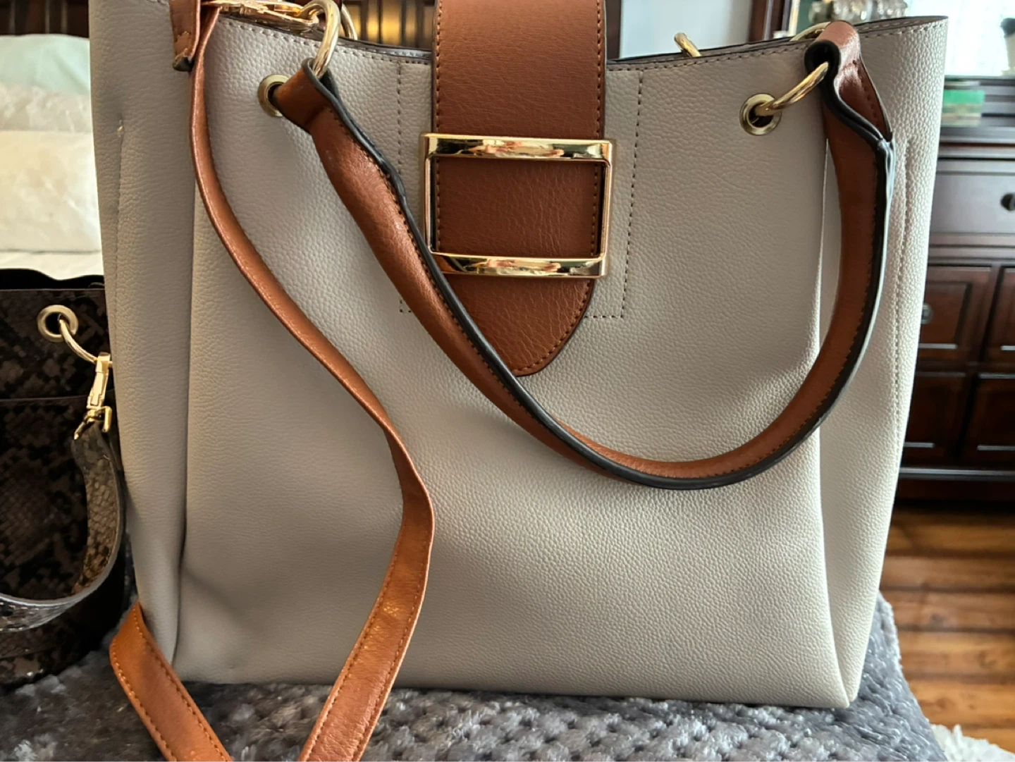 Gray and Brown Faux Leather Bucket Bag with Gold Accents