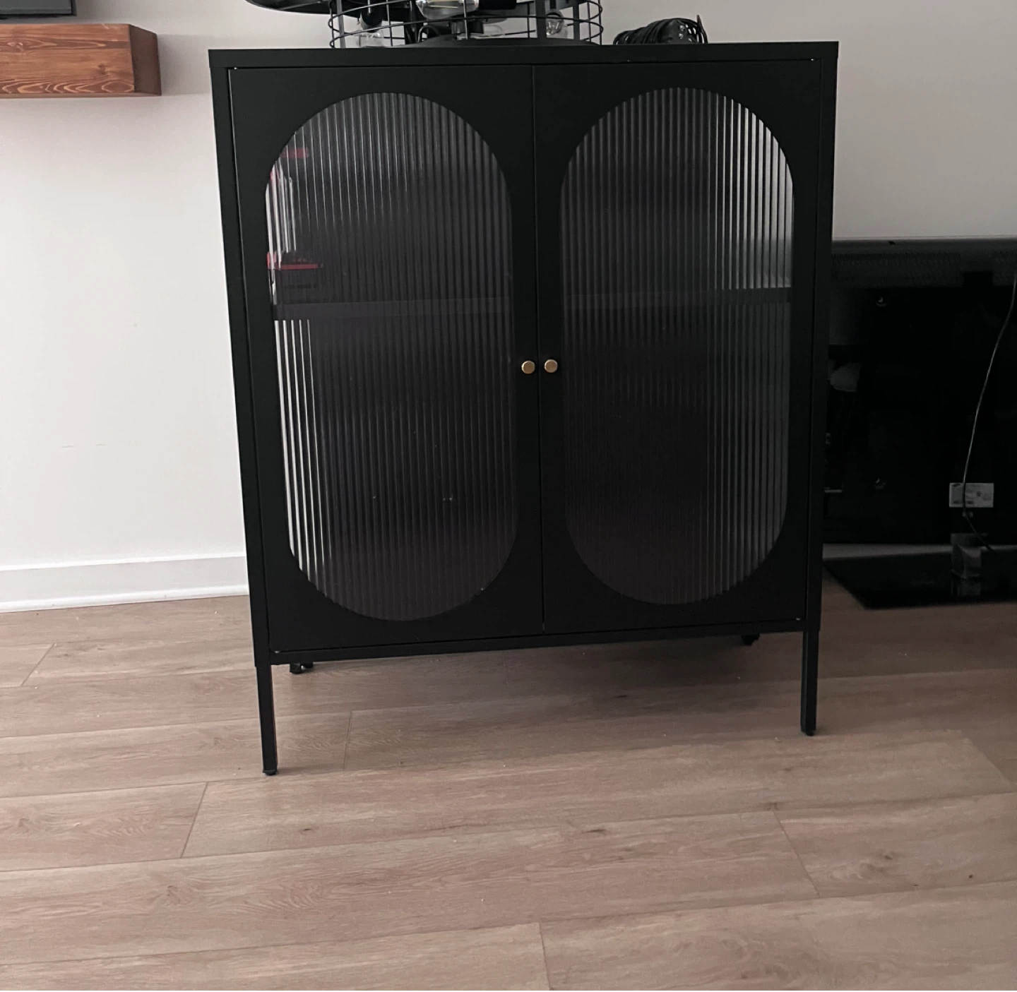 Black Cabinet with Ribbed Glass Doors