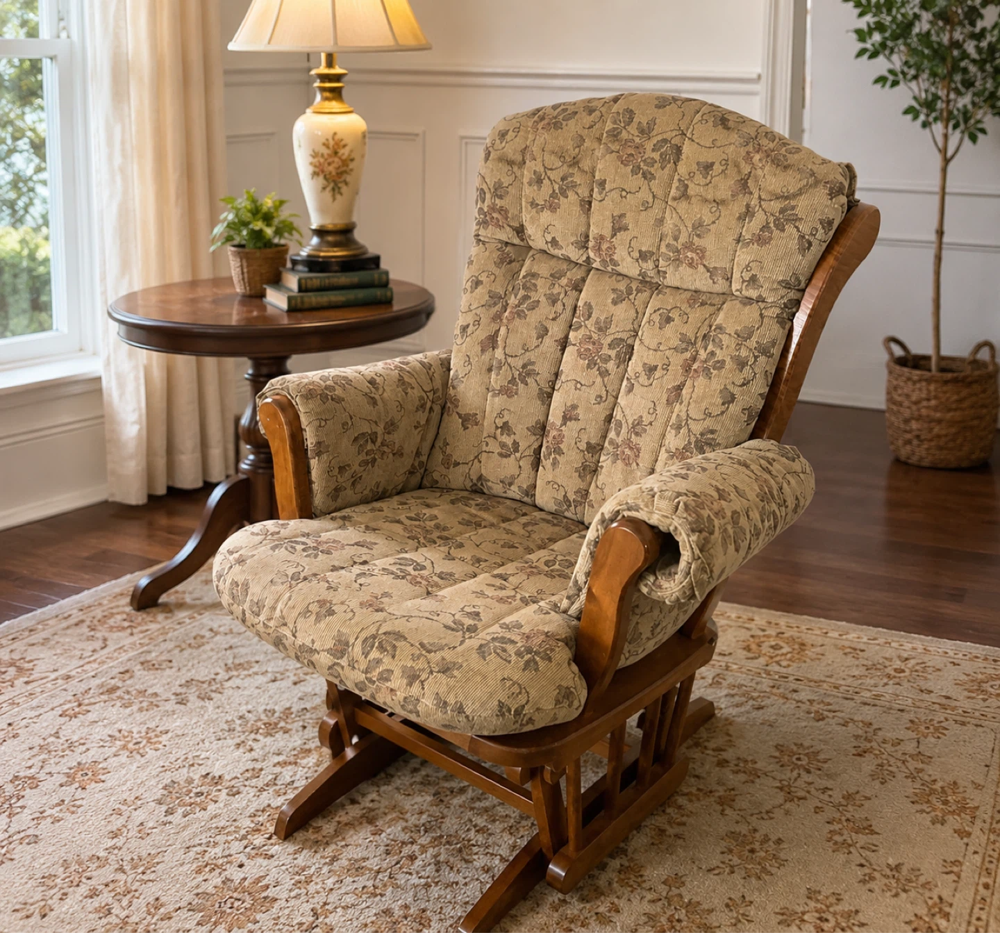 Comfortable Glider Rocker Chair with Floral Upholstery