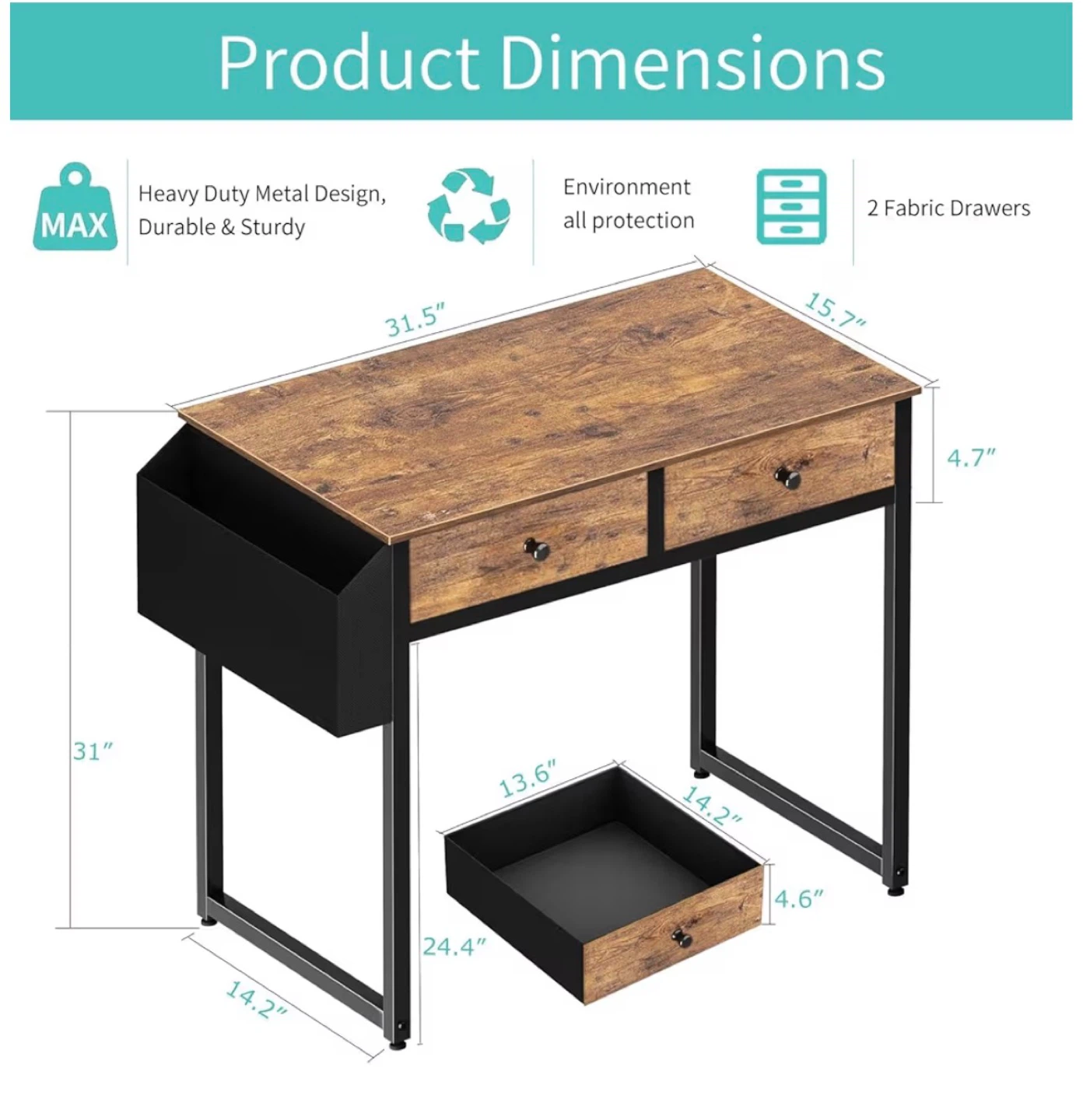 Rustic Wood Desk with 2 Fabric Drawers - photo 2