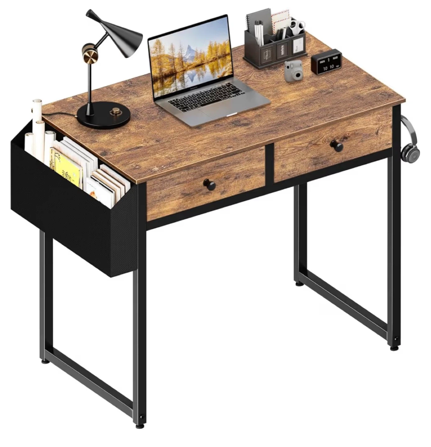 Rustic Wood Desk with 2 Fabric Drawers