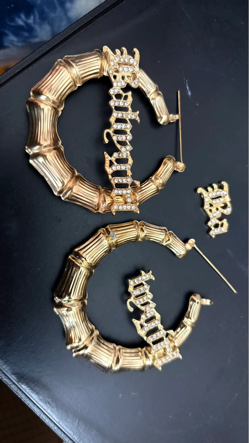 Gold Bamboo Hoop Earrings with Rhinestone Text