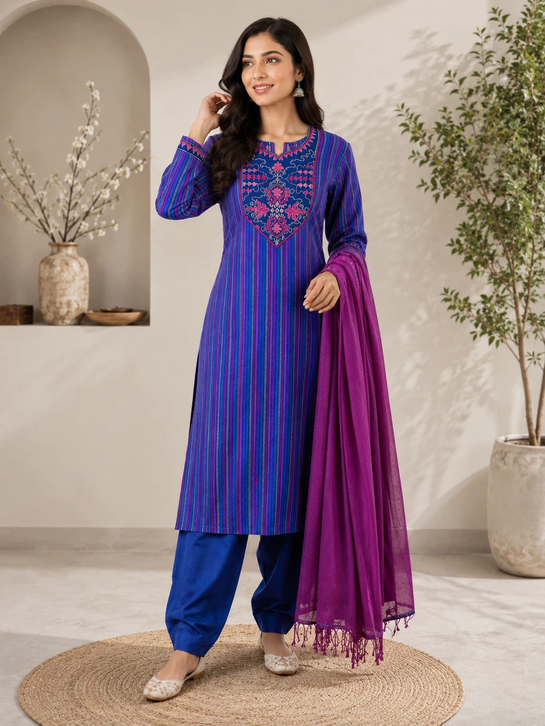 Blue Striped Embroidered Kurti with Dupatta