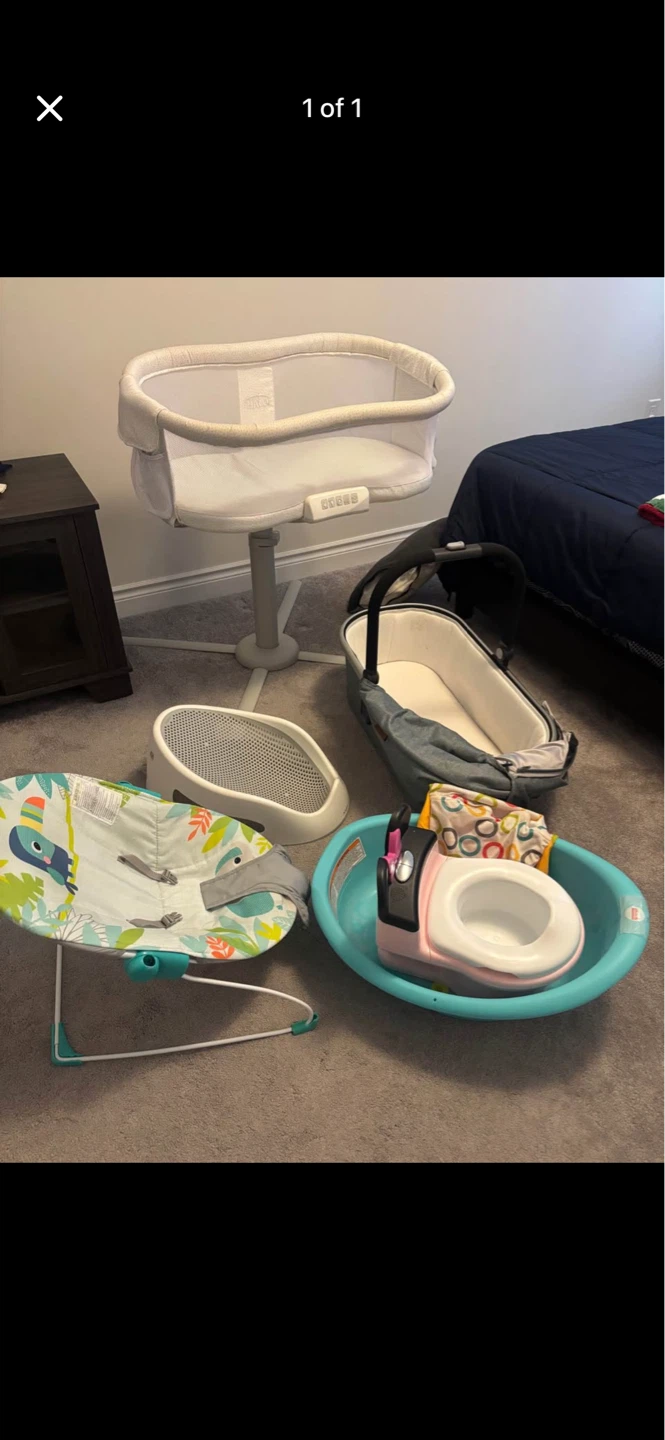 Baby Essentials Bundle: Bassinet, Bouncer, Bath Tub, Potty Seat