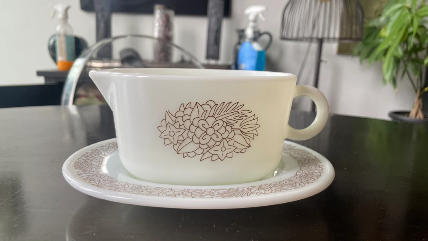 Pyrex White Floral Gravy Boat with Saucer