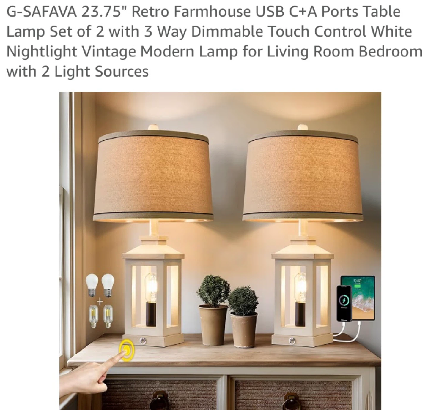 New Farmhouse Table Lamps with Nightlight and Charging Ports