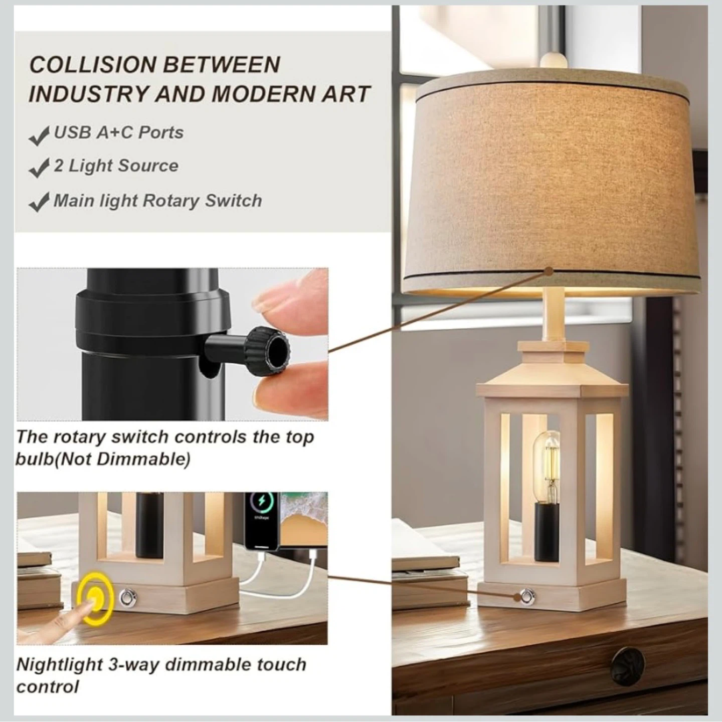 New Farmhouse Table Lamps with Nightlight and Charging Ports - photo 4