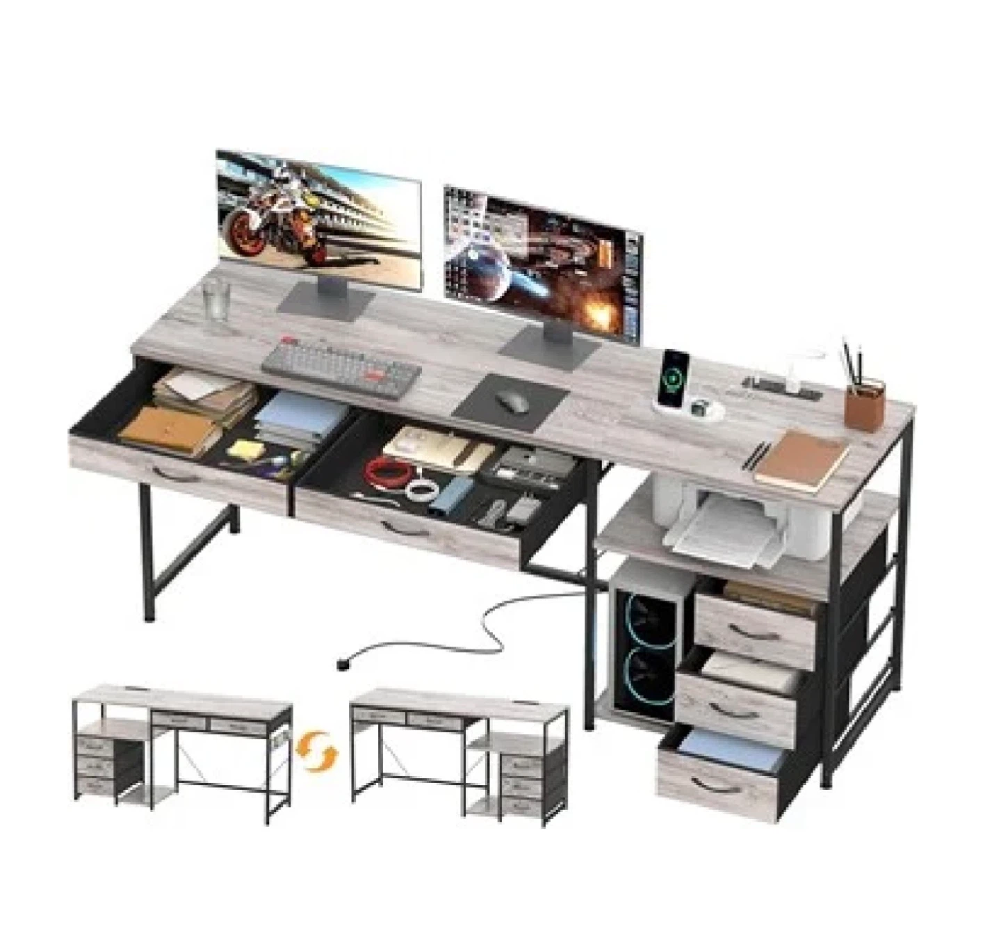Modern Wood Grain Gaming Desk with Shelves and Drawers