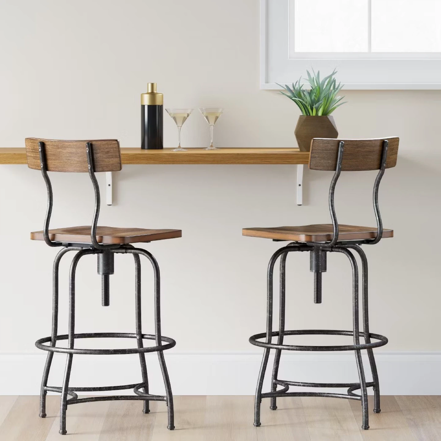 Pair of Adjustable Swivel Bar Stool with Back - Wood and Metal - photo 3