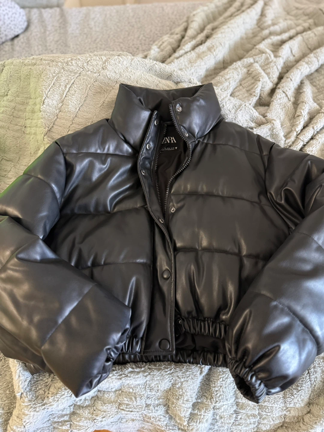 XL Zara Black Faux Leather Puffer Jacket