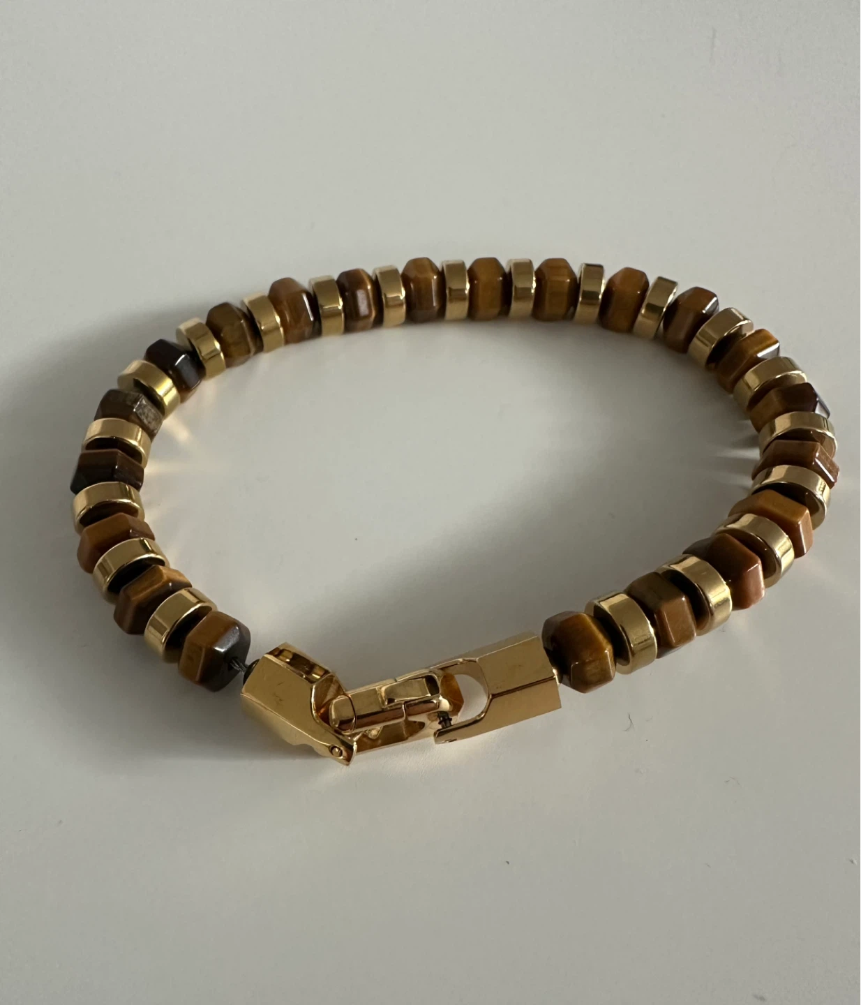 Tiger's Eye Hexagonal Gold Tone Beaded Bracelet