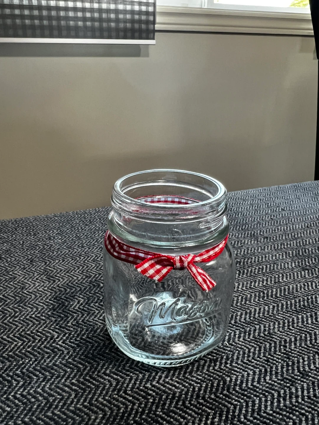 Mason Jar Candle Holder with Gingham Ribbon