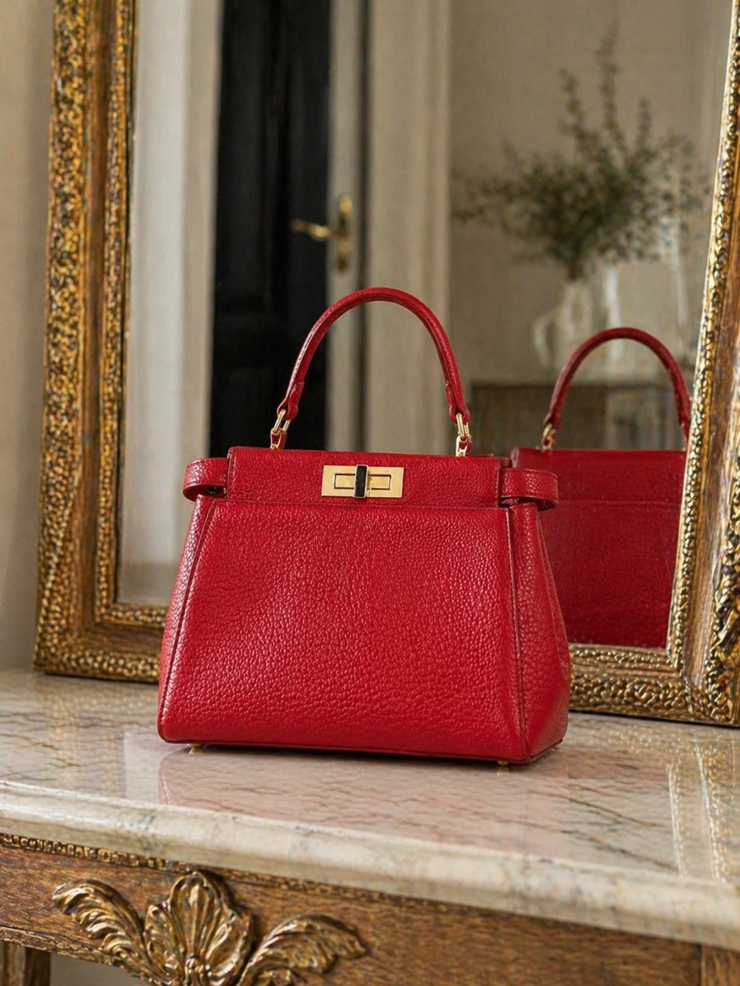Red Leather Top Handle Handbag