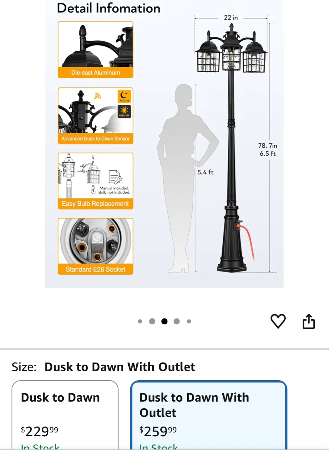 3-Head Outdoor Lamp Post with Dusk to Dawn Sensor and Outlet - photo 2