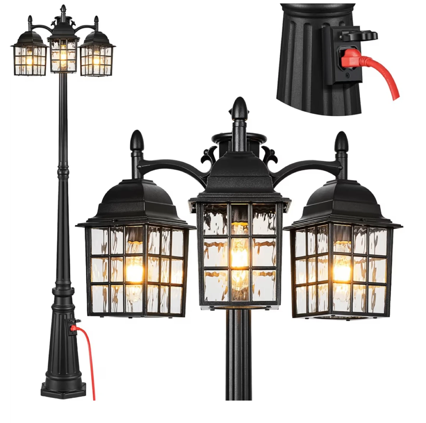 3-Head Outdoor Lamp Post with Dusk to Dawn Sensor and Outlet