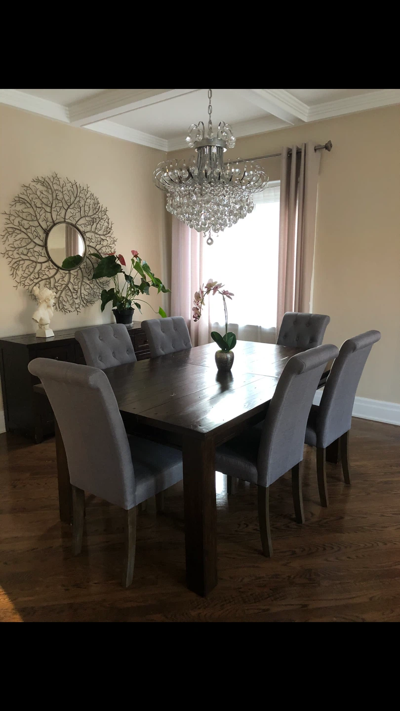 Wooden Extendable  Dining Table with 6 Grey Upholstered Chairs