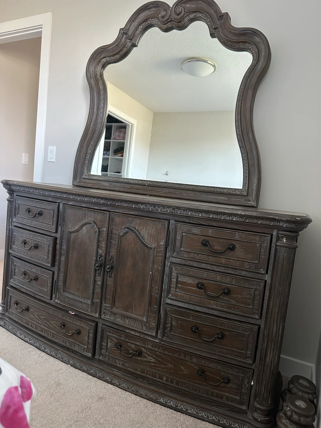 Ornate Dark Wood Dresser with Mirror