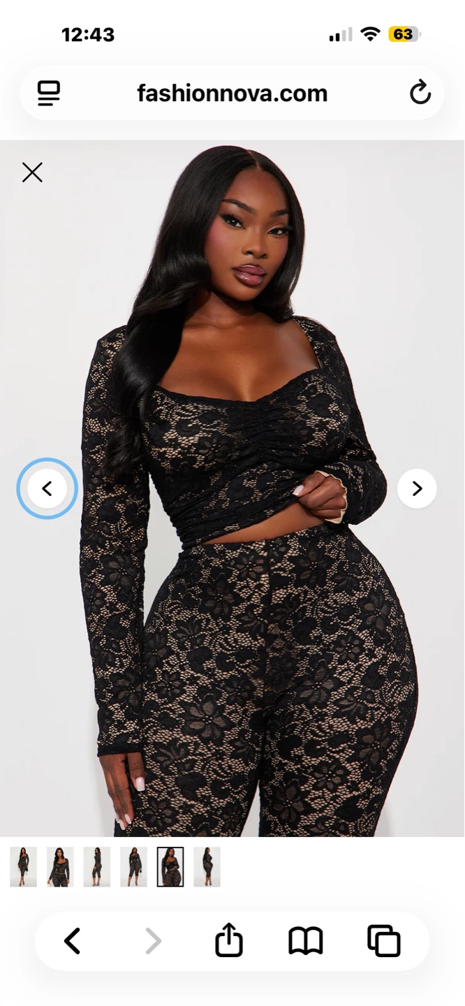 XL Fashion Nova Black Lace Long Sleeve Ruched Top & Pants Set