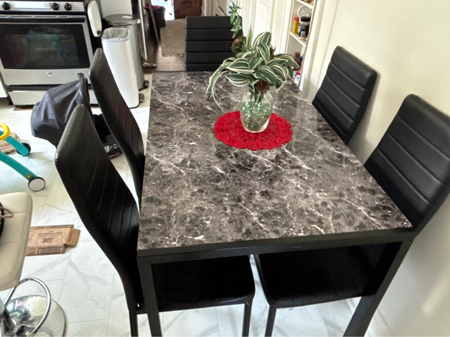 PICK UP TODAY Marble Top Dining Table with 5 Black Chairs