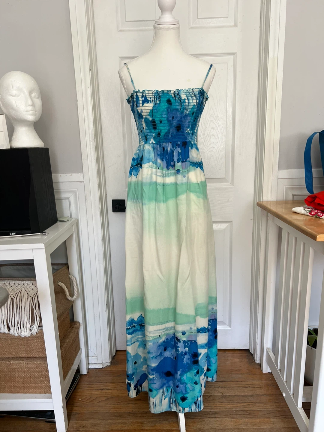 Women's Maxi Dress - Blue Tie-Dye Smocked Bodice