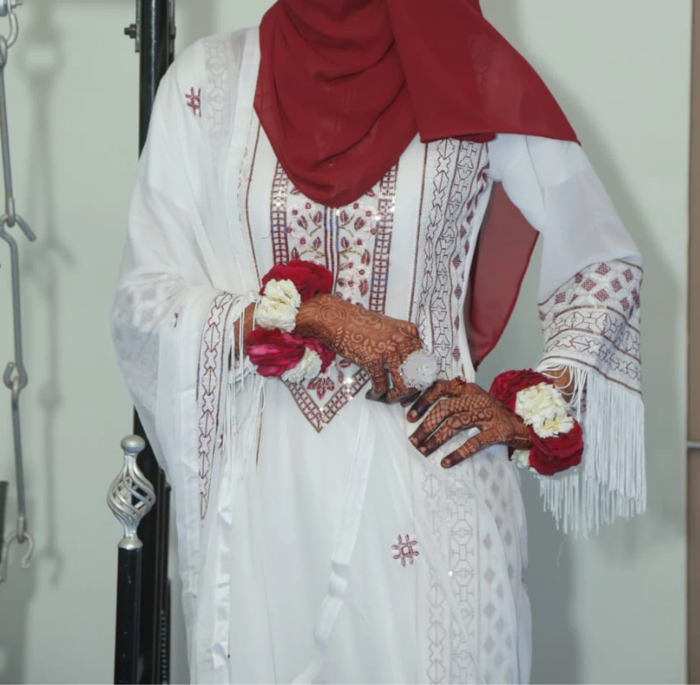 White Embroidered Kameez Shalwar with Red Scarf