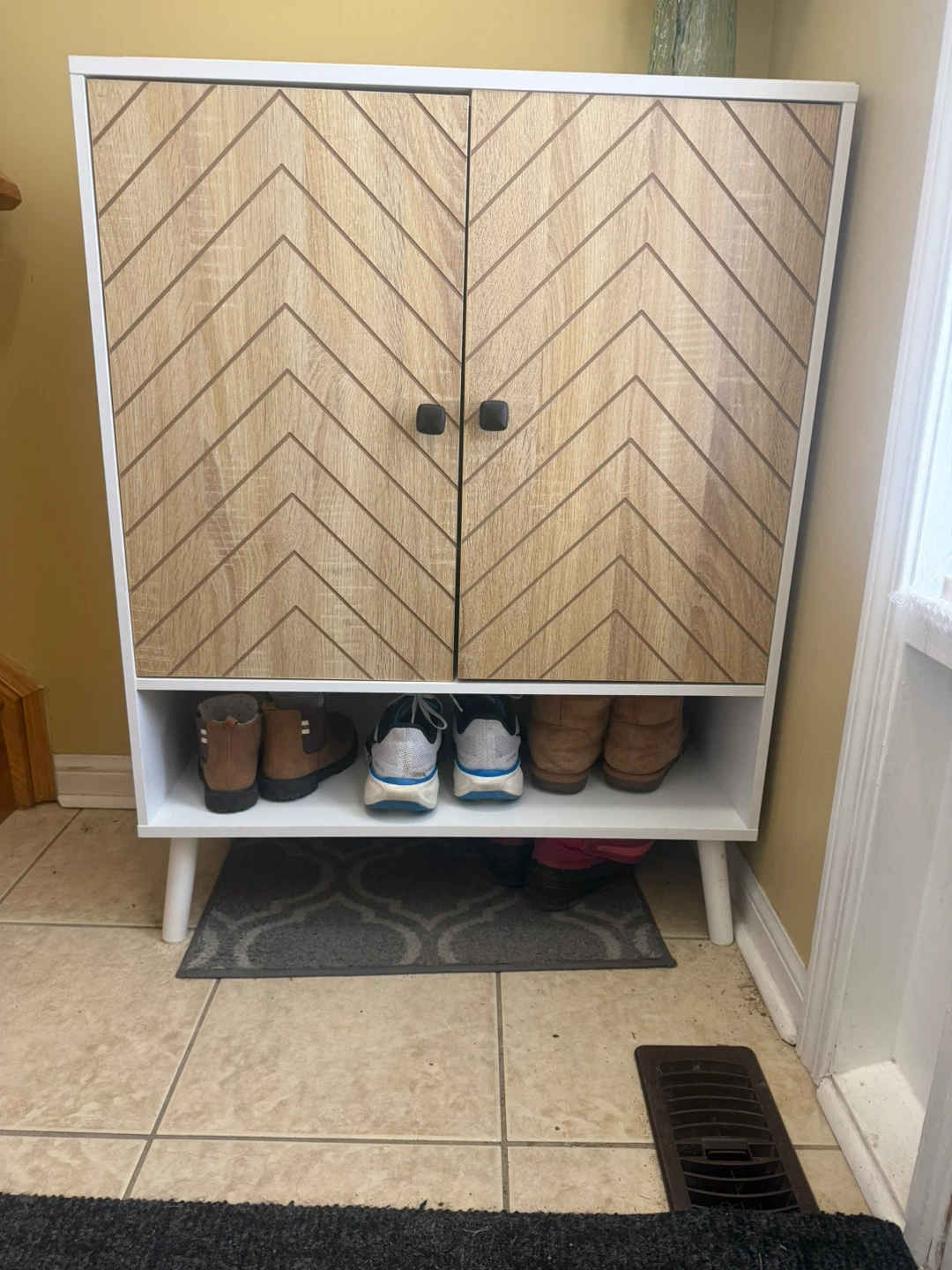 White and Wood Grain Shoe Cabinet with Doors
