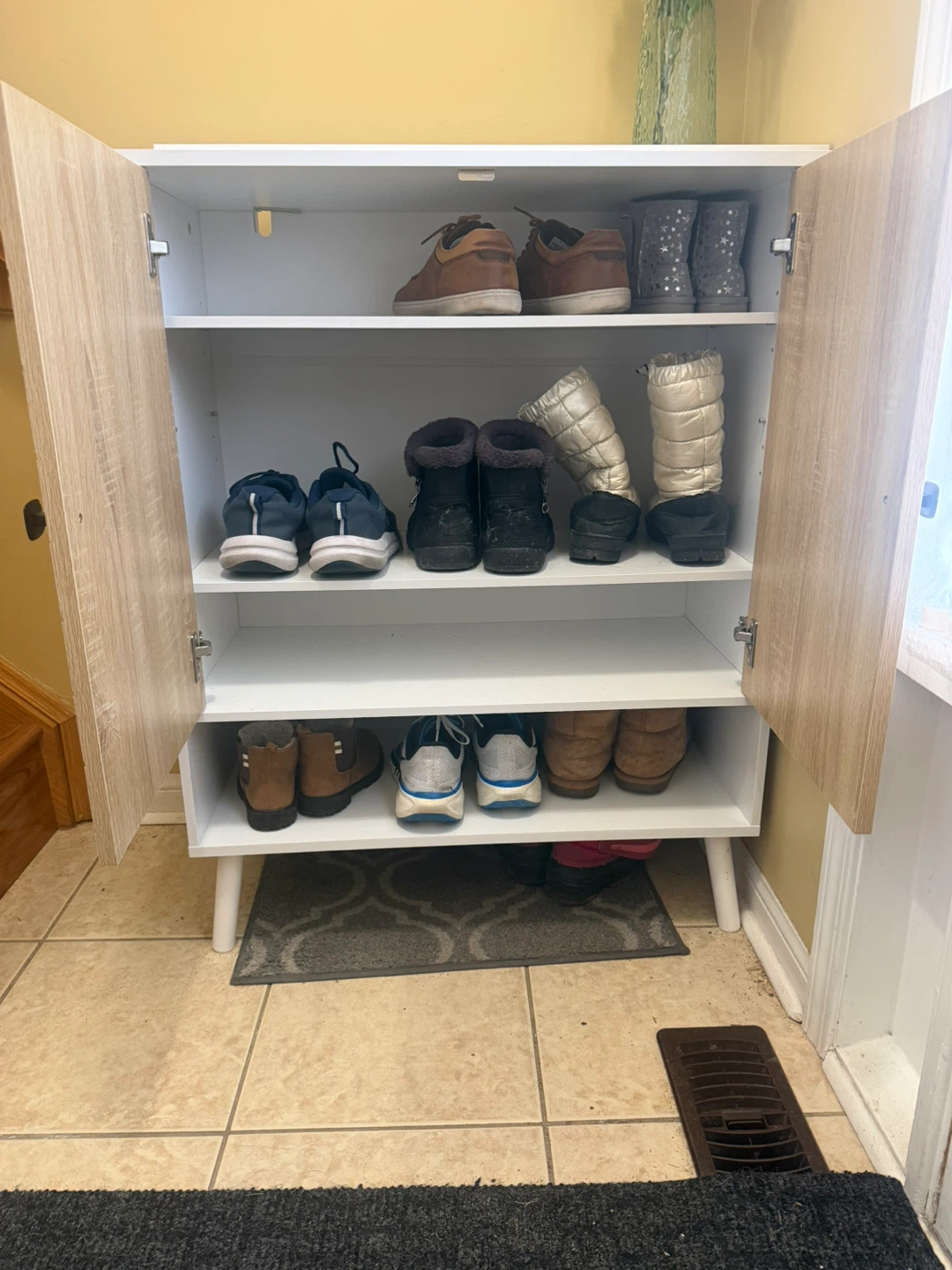 White and Wood Grain Shoe Cabinet with Doors - photo 4