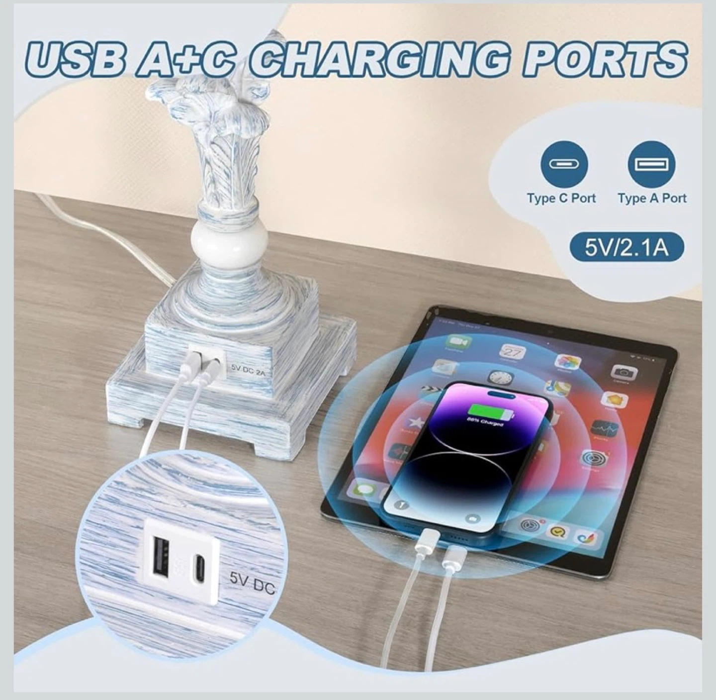 New Tall 33” Table Lamps  USB ports - photo 5