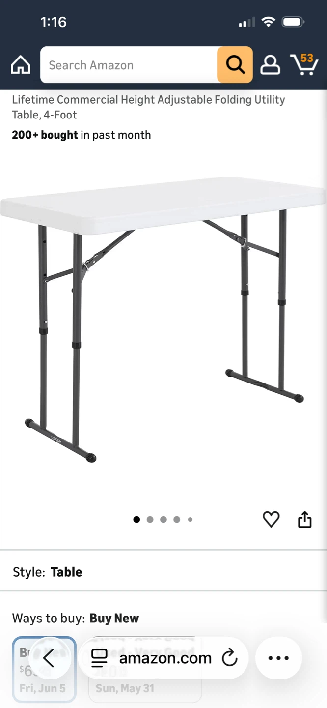 Adjustable Folding Utility Table, 4-Foot