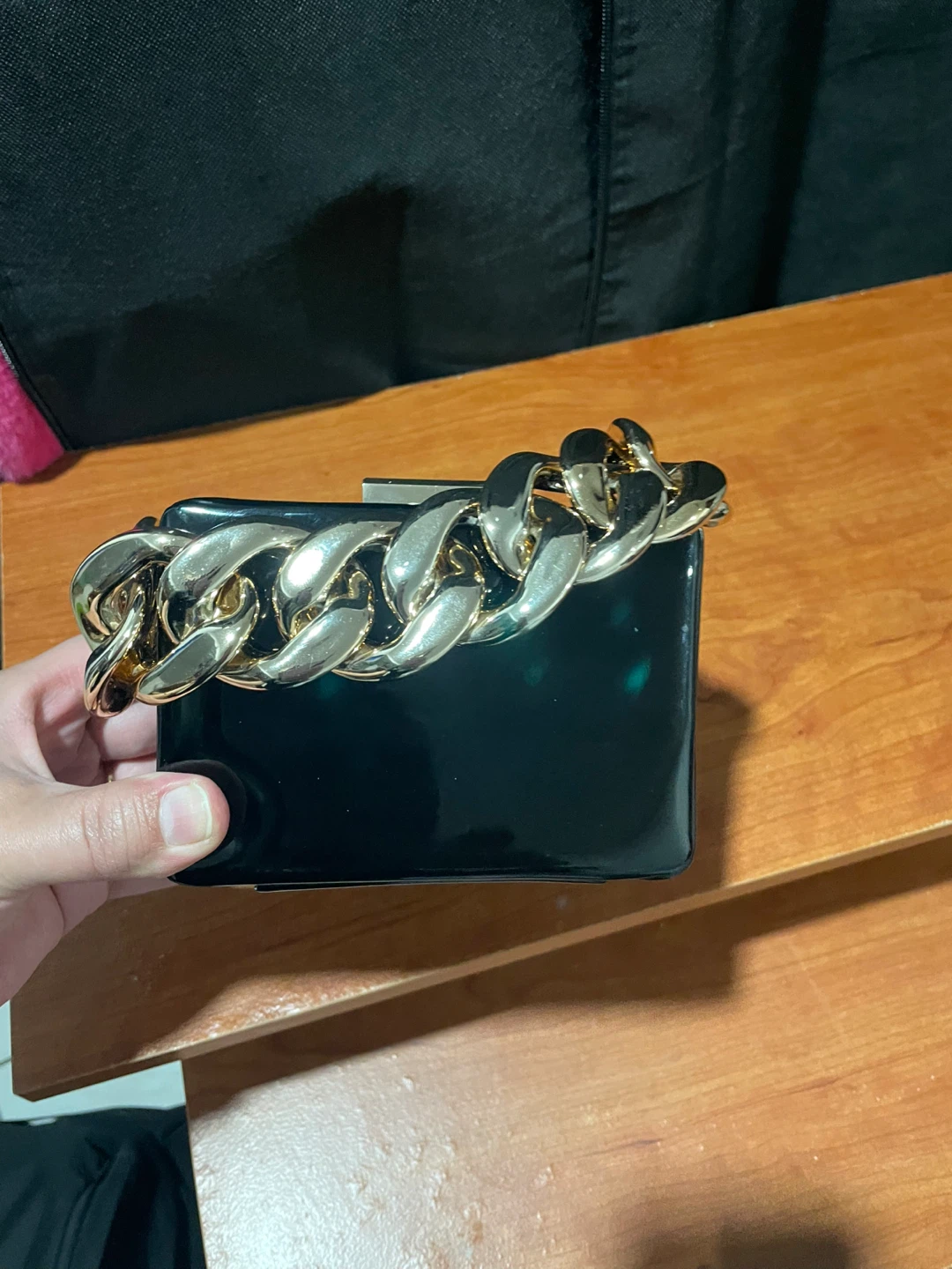 ALDO Black Patent Box Clutch with Gold Chain