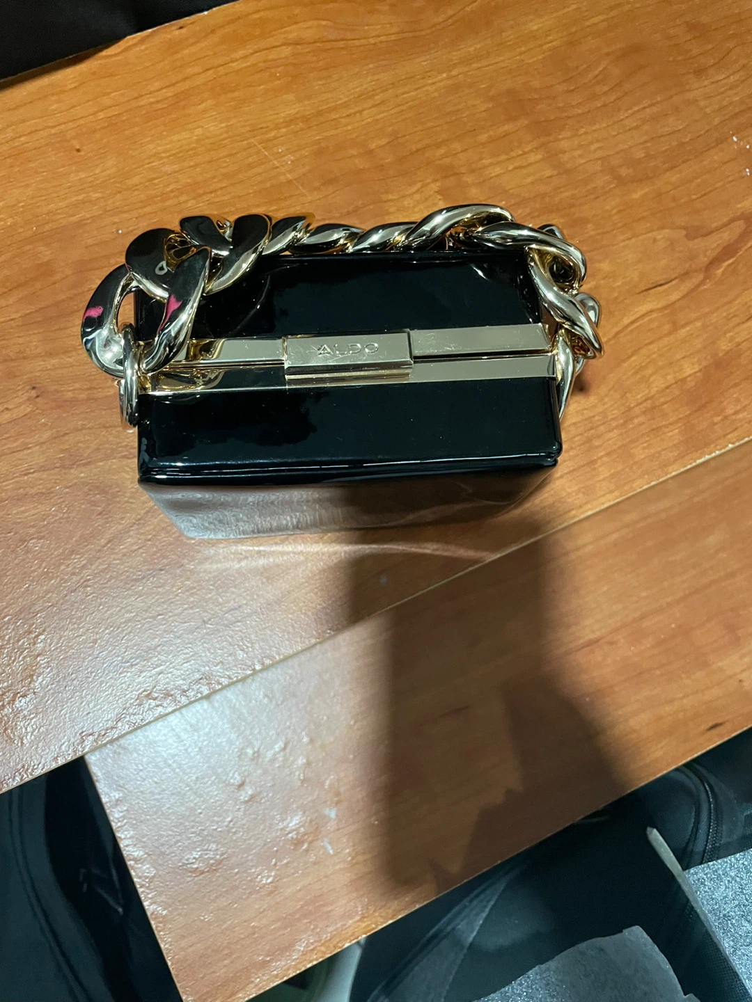 ALDO Black Patent Box Clutch with Gold Chain - photo 2