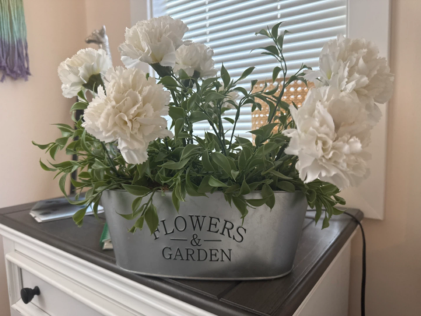 Artificial White Carnations in "Flowers & Garden" Tin Pot