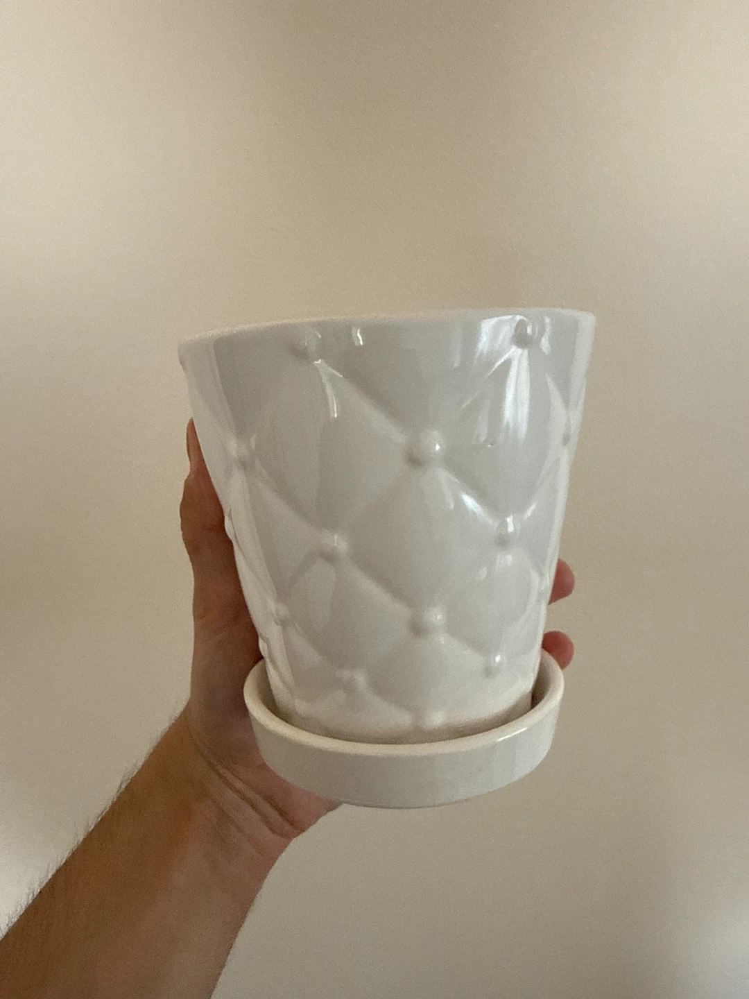 White Quilted Ceramic Planter with Saucer