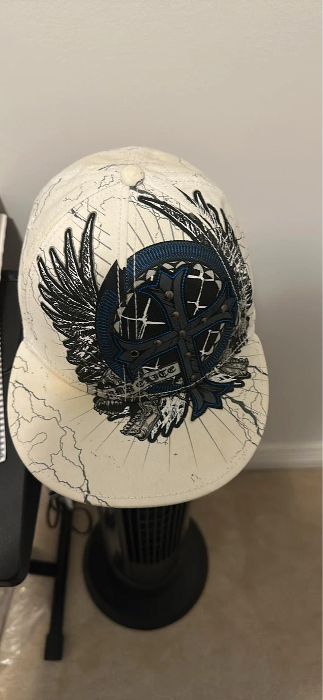 White Fitted Cap with Black and Blue Graphic Design