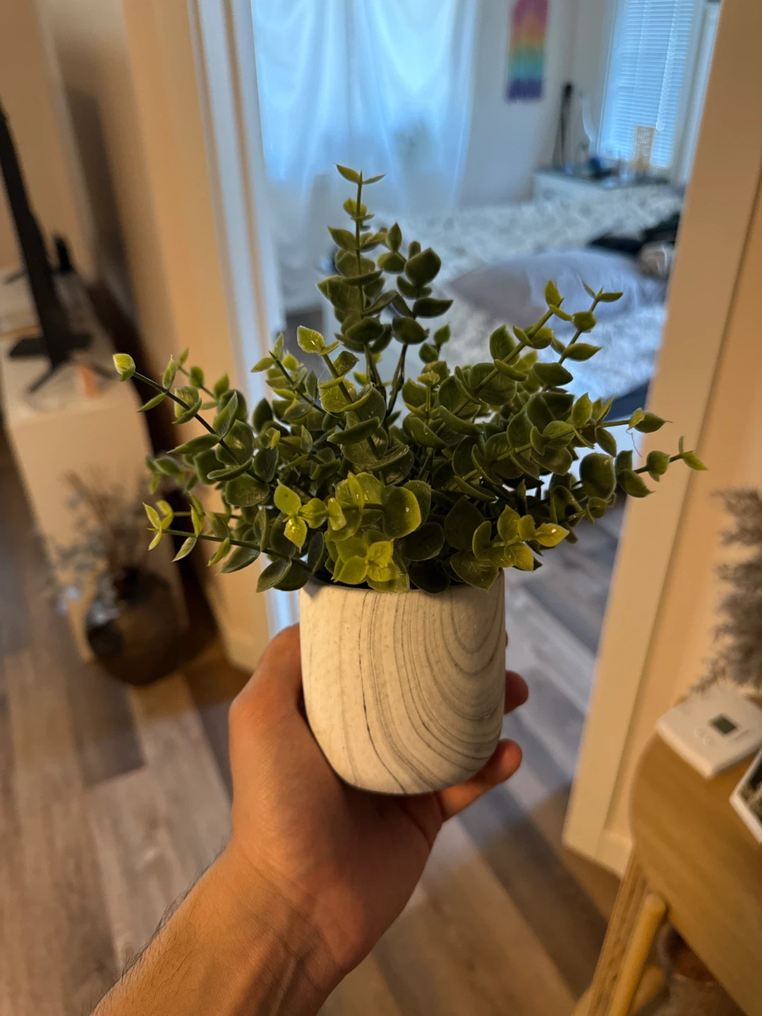 Faux Eucalyptus Plant in Marble-Look Pot