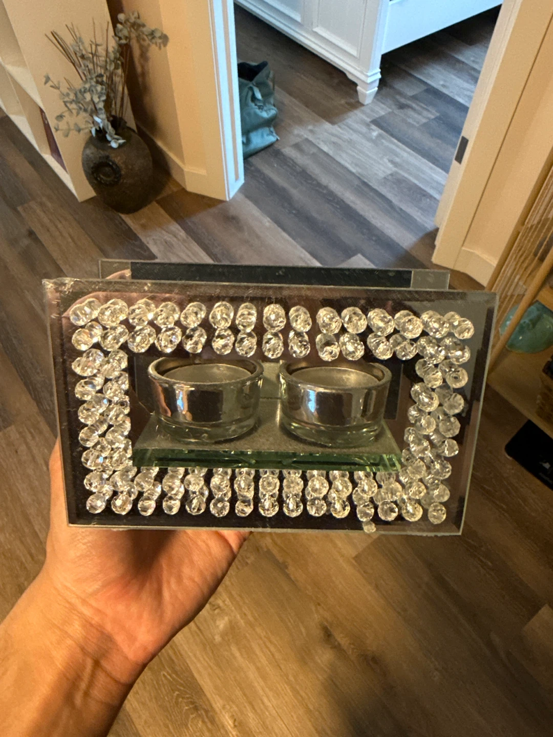 Tealight Candle Holder with Mirrored Finish and Rhinestones