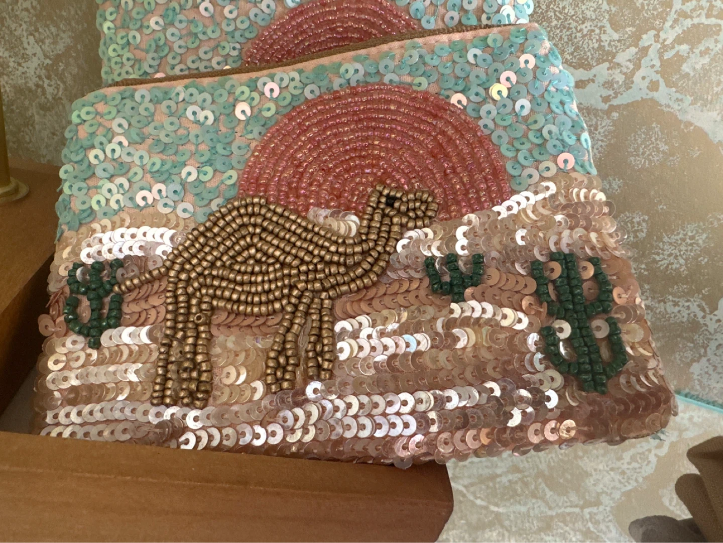 Sequin Camel and Cactus Clutch