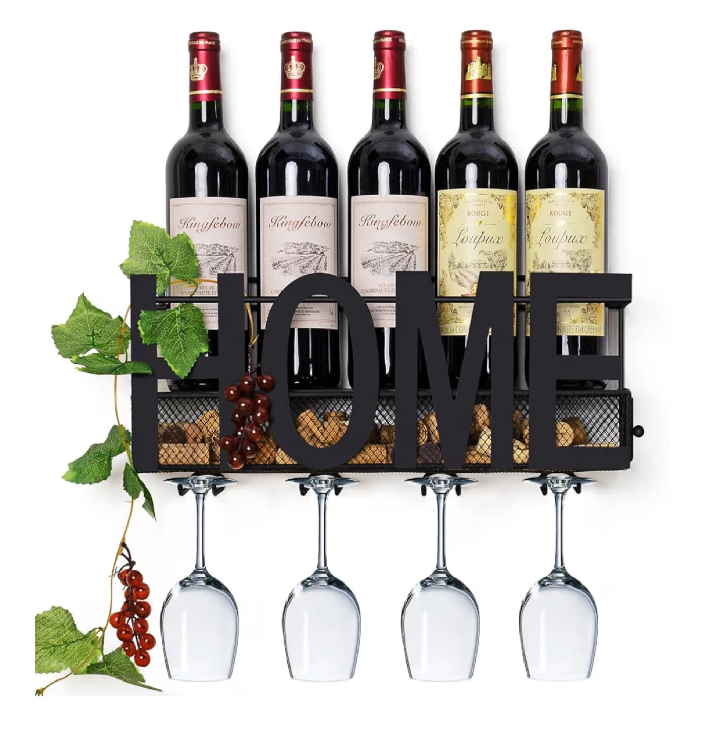 Black Metal "HOME" Wine Rack with Glass Holders